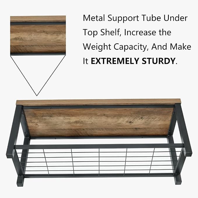 FOLUBAN Entryway Bench, Modern Shoe Storage Bench, Rustic Wood and Metal Entry - Image 4