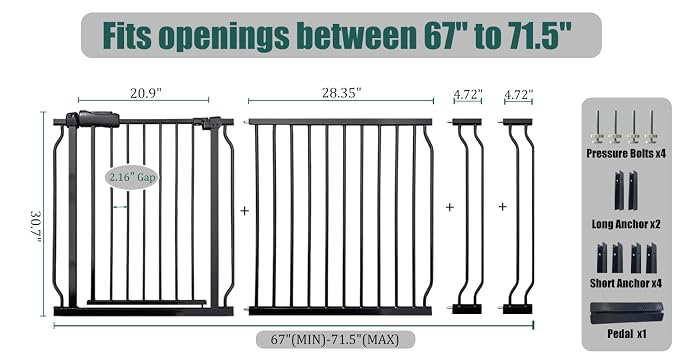 67-71.5 Inch Extra Wide Baby Gate, Pressure Mounted No Drill, Heavy-Duty Metal - Image 2