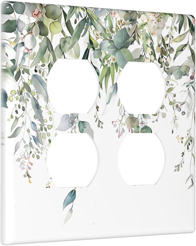 Sage Green Watercolor Eucalyptus Leaves Floral Flowers Outlet Covers 2 Gang - Image 2