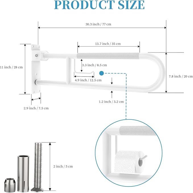 U Shaped Toilet Grab Bar 30.3 Inch, Munzong White Anti-Slip Support Rail - Image 2