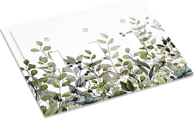 Watercolor Green Eucalyptus Leaves Plants Fruit Decorative Switch Plates 3 Gang - Image 3