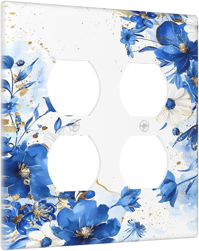 Klein Blue Flowers Watercolor Golden White Floral Outlet Covers 2 Gang Double - Image 2