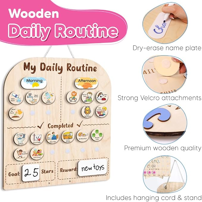Wooden Daily Routine for Kids, Star Reward Jar for Toddlers, Chore Chart for - Image 7