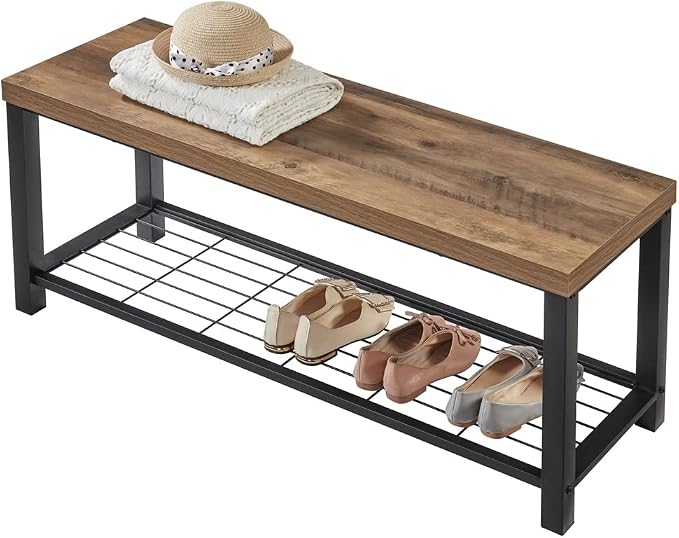 FOLUBAN Entryway Bench, Modern Shoe Storage Bench, Rustic Wood and Metal Entry - Image 8