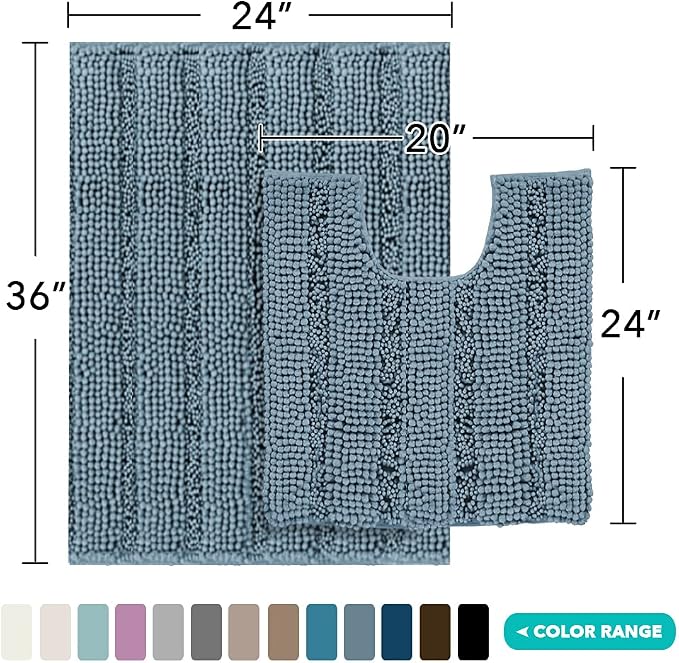 Turquoize Chenille Bathroom Rugs Set Non-Slip Bath Mats - Image 2