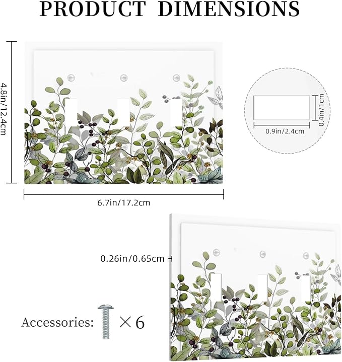 Watercolor Green Eucalyptus Leaves Plants Fruit Decorative Switch Plates 3 Gang - Image 5