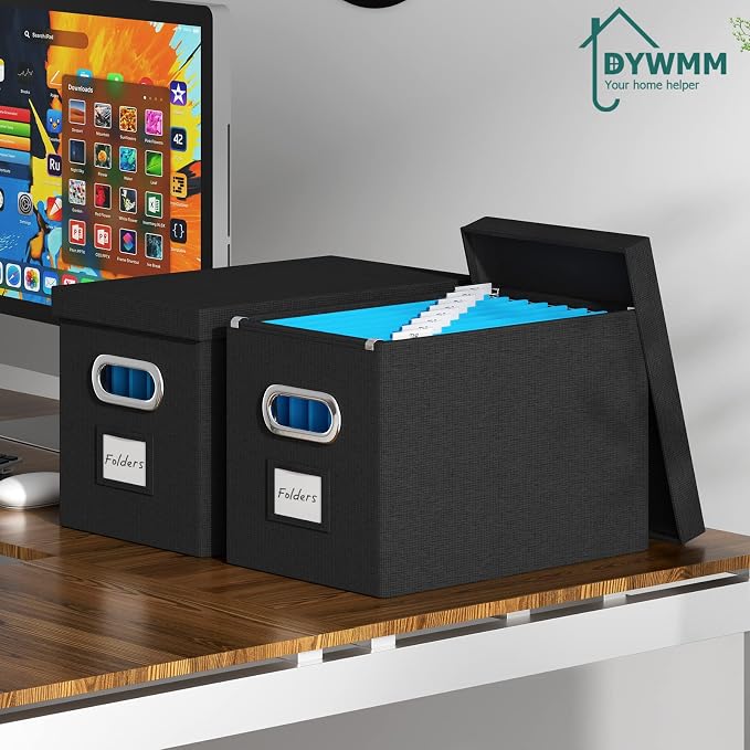 Hanging File Box with Lid, Linen Collapsible Decorative Office/Home File Cabinet - Image 2