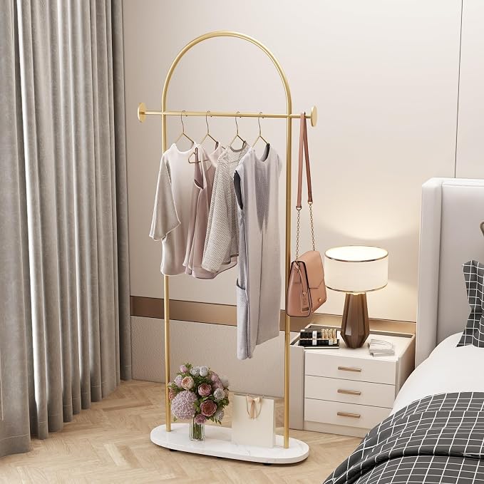 Gold Clothing Rack with Marble Base, Modern Gold Coat Racks Freestanding with 2 by IronJiaZu