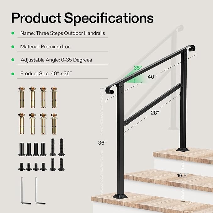 VIVOSUN Outdoor Handrail, 3 Step Stair Handrail, Wrought Mattle Iron Stair - Image 2