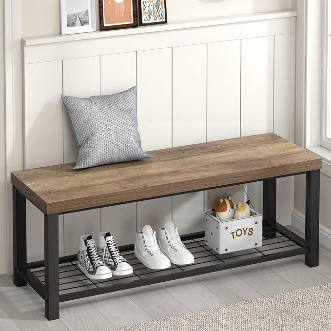 FOLUBAN Entryway Bench, Industrial Wood and Metal Storage Bench by FOLUBAN