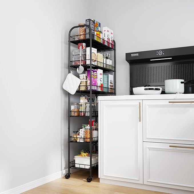 6 Tier Slim Storage Cart with Wheels, Metal Mobile Shelving Unit Organizer - Image 2