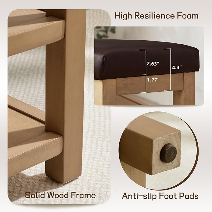 Shoe Rack Bench with Leather Cushion, 2 Tier Solid Wood Storage Bench, - Image 8