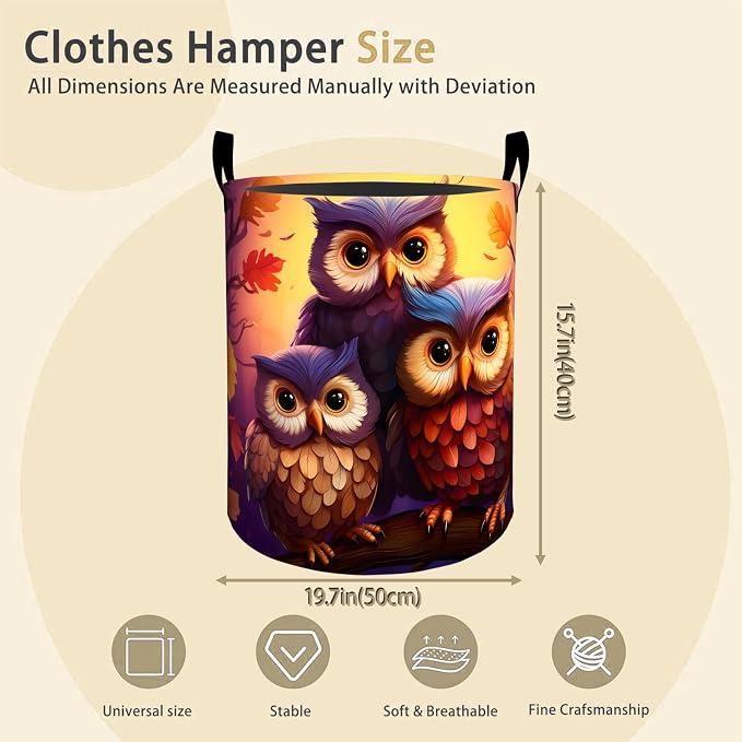 Cute Owl Laundry Basket Hamper for Boys Girls Kids Adults, Foldable Waterproof - Image 2