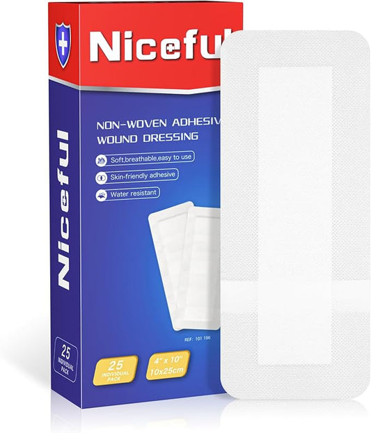 25Pcs Island Dressing Bordered Gauze 4"x10", Water-Resistant Large Adhesive by Niceful