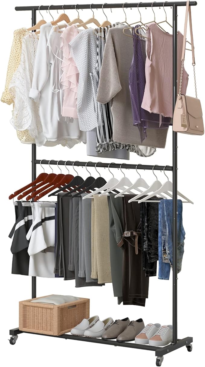 Sywhitta Double Rod Clothing Garment Rack, Rolling Clothes Organizer on Wheels by haseverythingyouneed