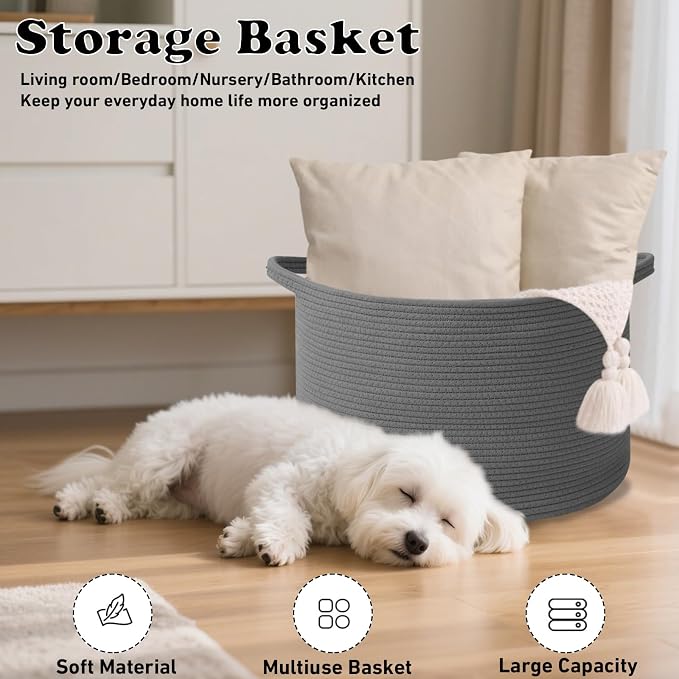 Large Storage Basket with Handle, 19.7" L x 19.7" W x 13" H Blanket Basket - Image 4