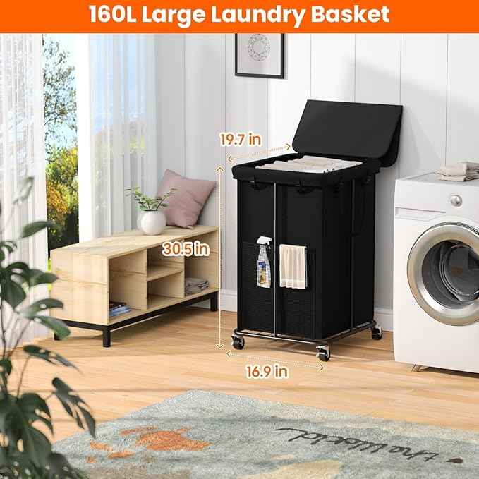 160L Laundry Hamper with Lid, Rolling Laundry Basket with Wheels, Large & Tall