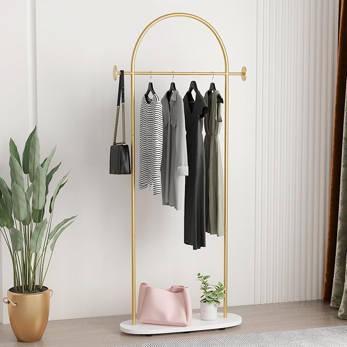 Gold Clothing Rack with Marble Base, Modern Gold Coat Racks Freestanding with 2 - Image 8