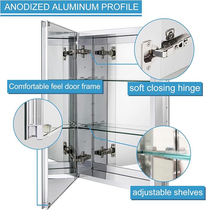 Fundin Aluminum Bathroom Mirror Cabinet Recess Mount Only, - Image 6