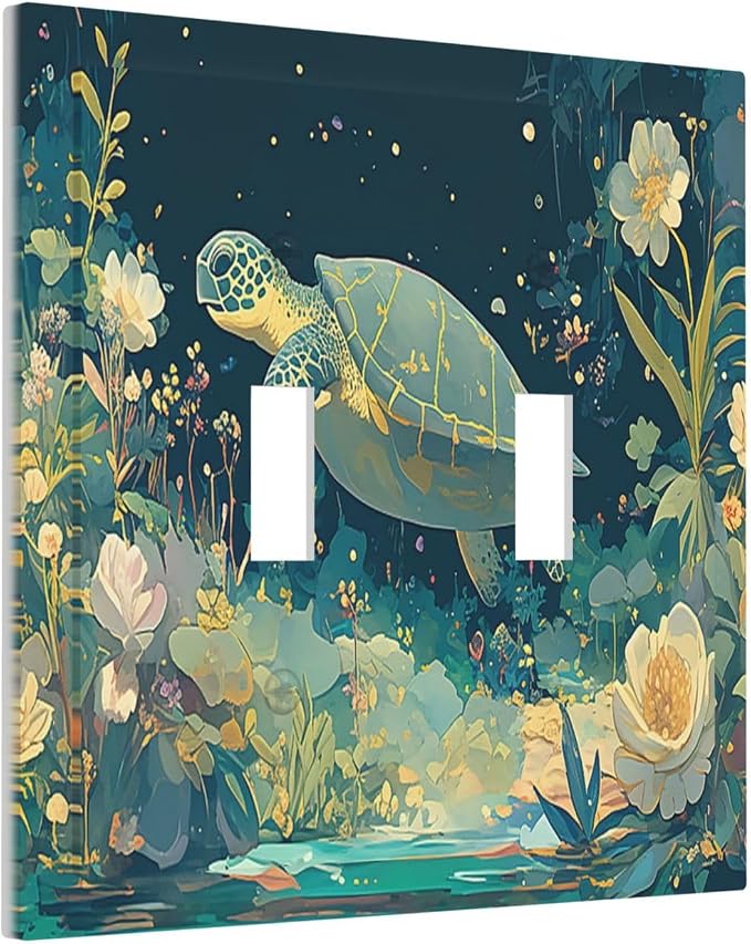 Decorative Switch Plates Fantasy Sea World Sea Turtle Floral Plant 2 Gang - Image 2