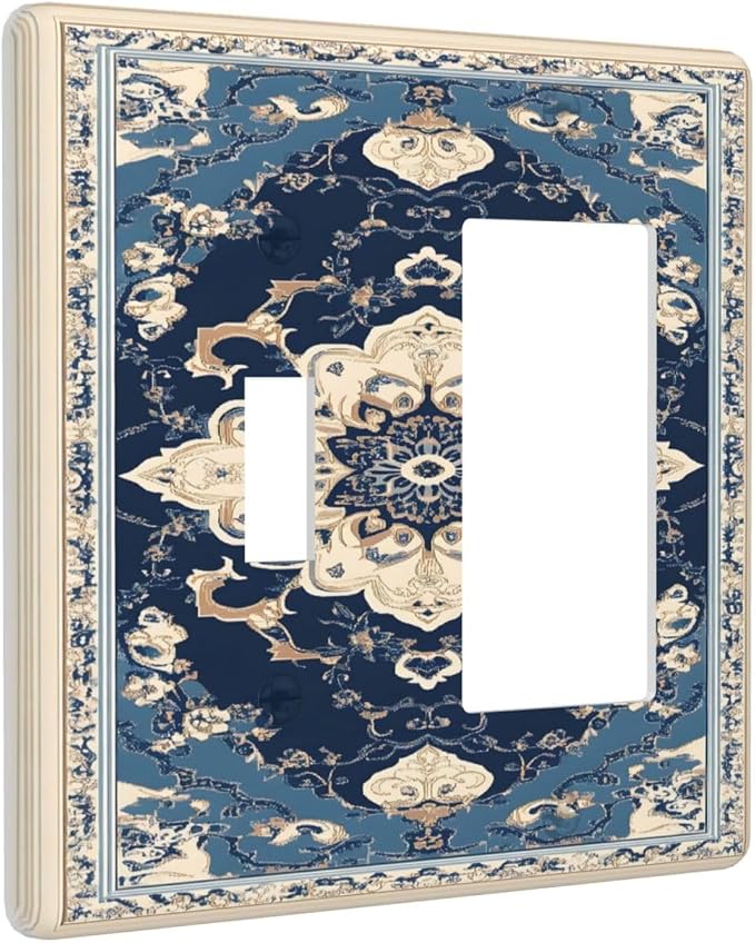 Decorative Outlet Covers Boho Beige Navy Blue Medallion 2-Gang Combo Light - Image 2