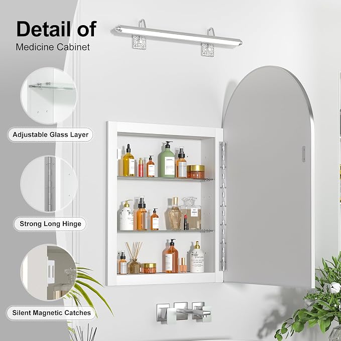 Recessed Medicine Cabinet for Bathroom, Brushed Nickel Arched Medicine Cabinet - Image 4