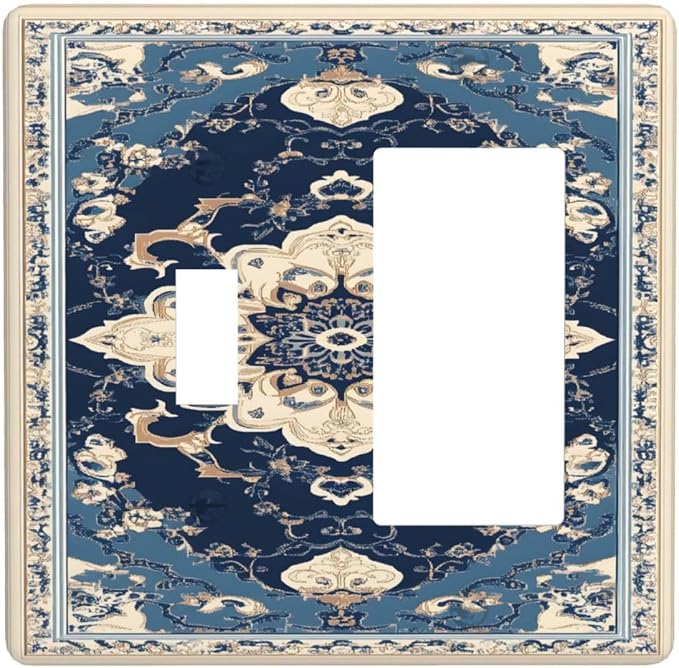 Decorative Outlet Covers Boho Beige Navy Blue Medallion 2-Gang Combo Light by VGHOKO