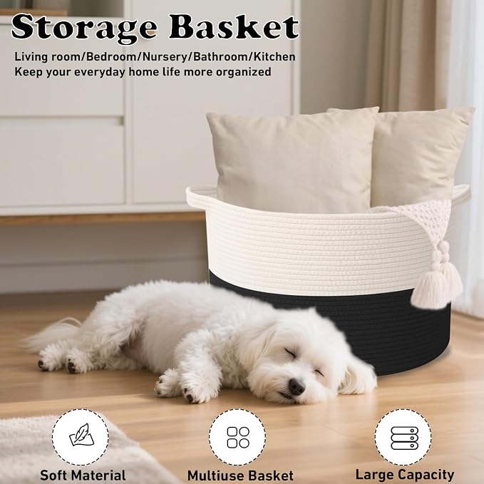 Large Storage Basket with Handle, 19.7" L x 19.7" W x 13" H Blanket Basket - Image 4