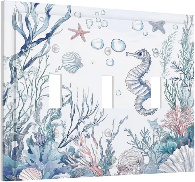 Decorative Switch Plates Ocean Coral Seahorse Seashell Starfish 3 Gang Wall - Image 2