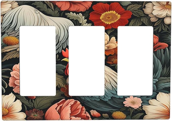 Light Switch Covers Rooster Flowers Red White Chicken Floral 3 Gang Rocker by Everyswitchisastoryswitch