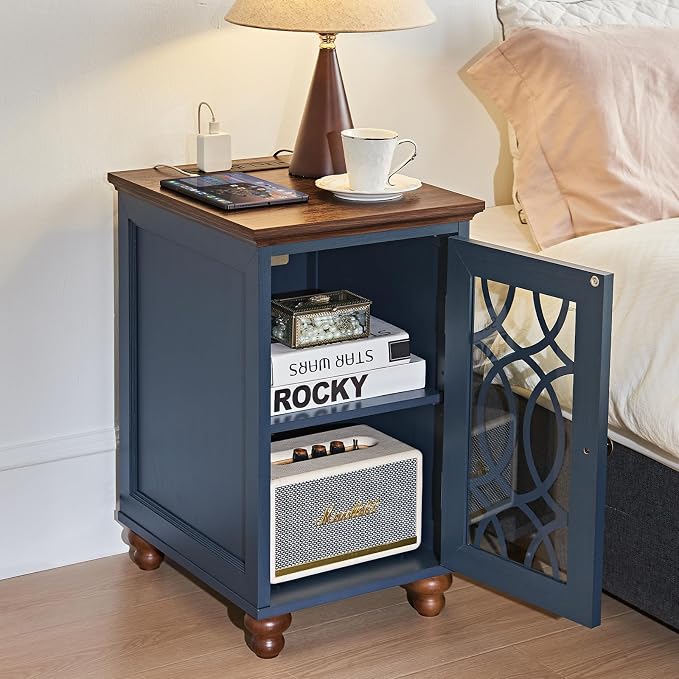 Narrow Side Table with Charging Station, Night Stand with Glass Door, Bedside - Image 9
