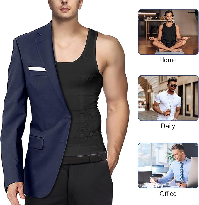 Odoland Mens 3 Pack Body Shaper Slimming Tummy Vest Thermal Compression Shirt - Image 4