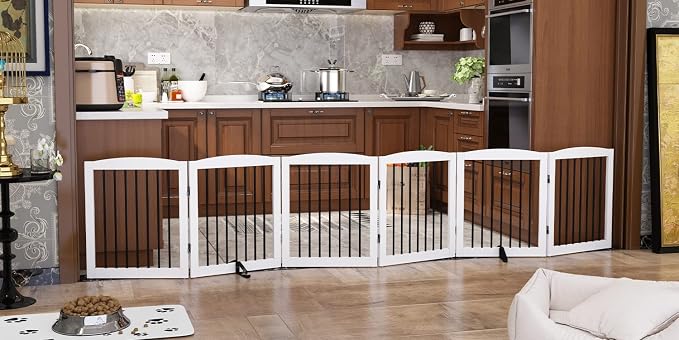 Freestanding Pet Gate for Dogs, Foldable Wooden Dog Gate for House, Extra Wide by PUPETPO