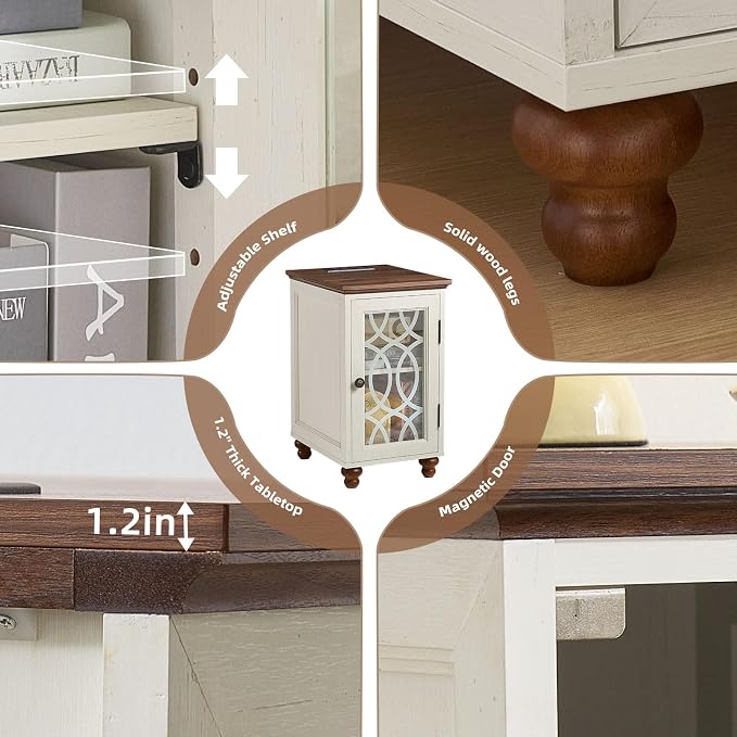 Narrow Side Table with Charging Station Set of 2, Night Stand with Glass Door - Image 9