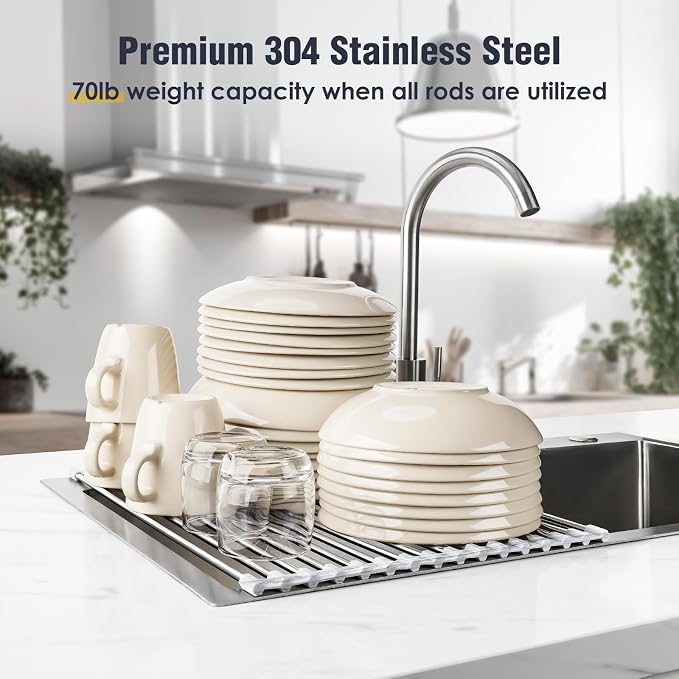 Tomorotec Stainless Steel Roll-Up Dish Drying Rack Marble Color Silicone Edges - Field & Grace