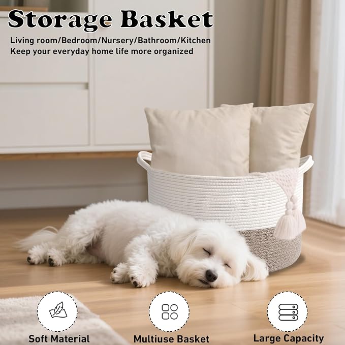 Large Storage Basket with Handle, 19.7" L x 19.7" W x 13" H Blanket Basket - Image 4