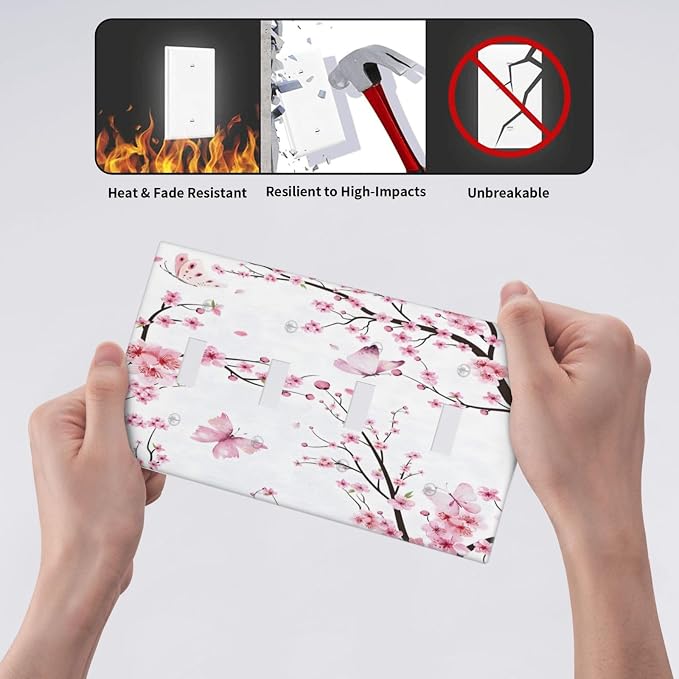 Cherry Floral Watercolor Pink Flowers Butterfly Light Switch Covers Quad Toggle - Image 6
