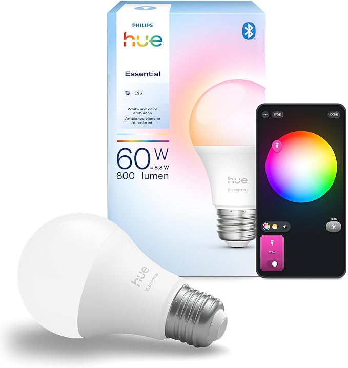 Philips Hue Essential Smart LED A19 Bulb, E26 Base, 2200K-6500K, 800 Lumens by PhilipsHue