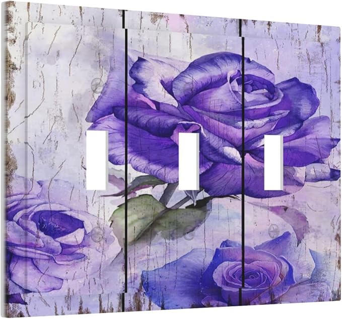 Light Switch Cover Purple Rose Flower Rustic Wood Plank 3 Gang Wall Plate - Image 2