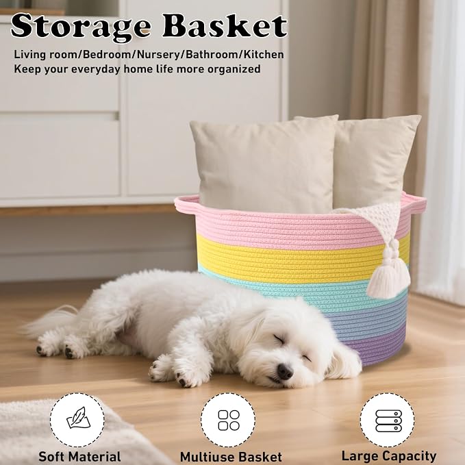 Large Storage Basket with Handle, 19.7" L x 19.7" W x 13" H Blanket Basket - Image 4