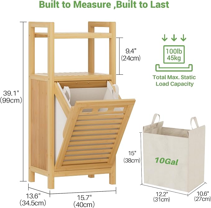 Homykic Tilt Out Laundry Hamper, 10 Gal Bamboo Laundry Storage Cabinet - Field & Grace