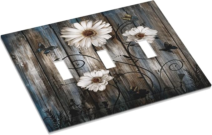 Rustic Wood Background Floral Butterfly Daisy Decorative Switch Plates 3 Gang - Image 3