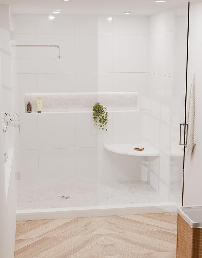 18" Super White Engineered Marble Corner Shower Seat – Floating or Solid Mount - Image 4