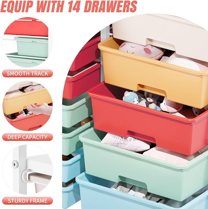Rolling Storage Cart with 14 Drawers, Storage Organizer Cart with Tabletop and - Image 4