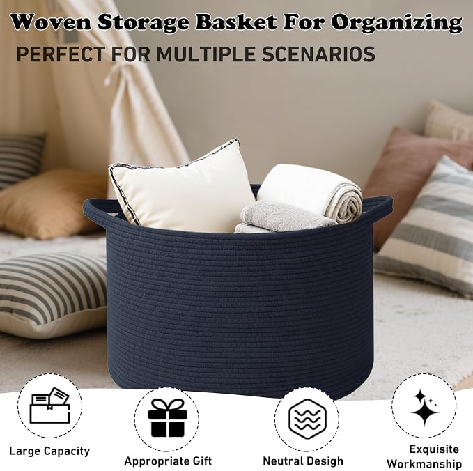 Large Storage Basket with Handle, 19.7"L x 19.7"W x 13"H Blanket Basket Storage - Image 6