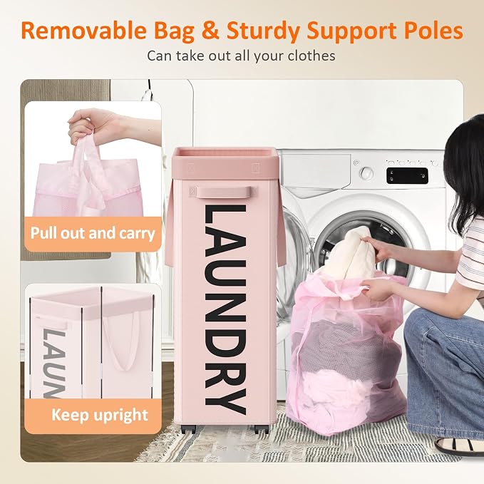 Pink Laundry Basket with Wheels, 90L Rolling Laundry Hamper with Wheels - Image 6