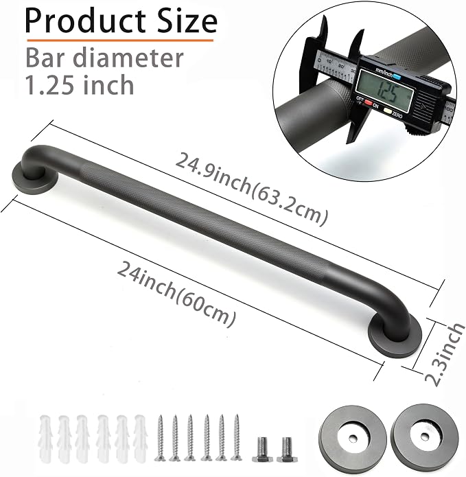 Shower Grab Bar, 2 Pack 24 Inch Gray Bathroom Grab Bar, 1.25" Diameter 304 - Image 2