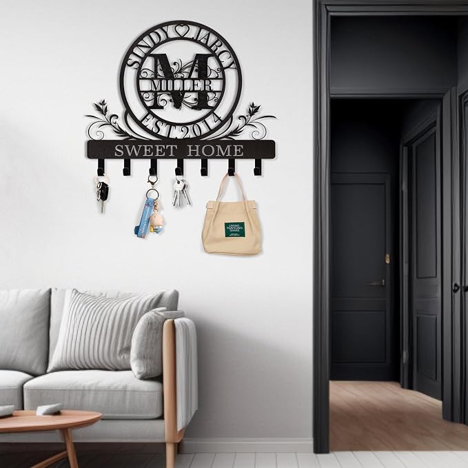 Personalized Key Holder for Wall, Custom Family Name Metal Wall Key Hanger - Image 2
