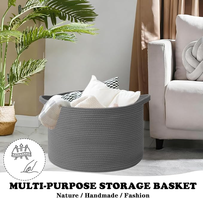 Large Storage Basket with Handle, 19.7" L x 19.7" W x 13" H Blanket Basket - Image 5