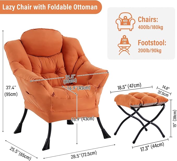 Lazy Chair with Ottoman, Modern Chair with Folding Footrest, Lounge Accent Chair - Image 2